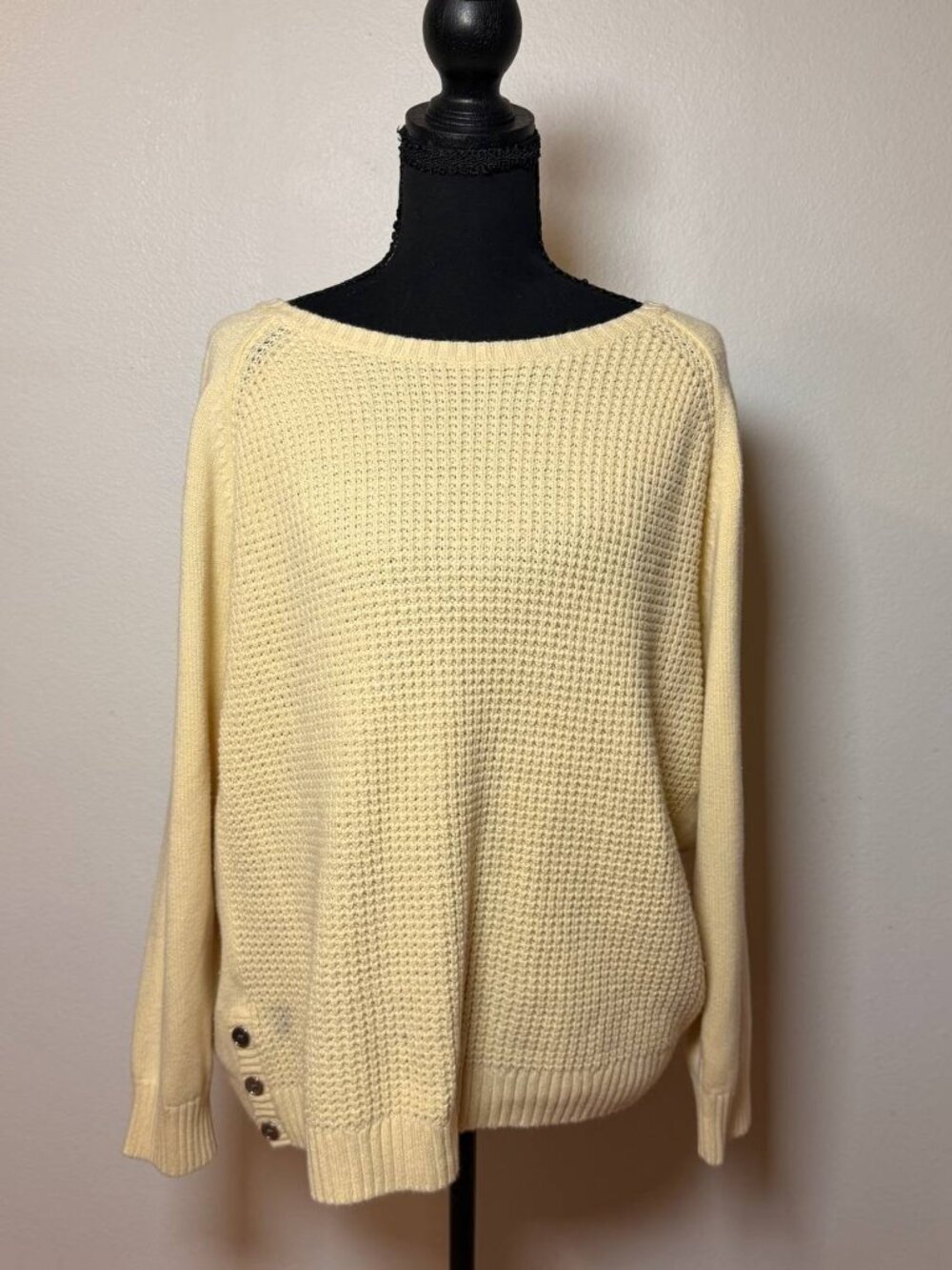 Karen Scott Fall Coastal Butter Yellow Waffle Knit Sweater Boat Neck XL